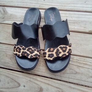 Women's Crown Vintage Slip on Slides Niabi Cow Hair Leopard Print Size 8M 8